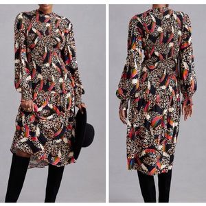 Farm Rio NWT Leopard Toucans Long Sleeve Elastic Bodice Midi Dress Size Small